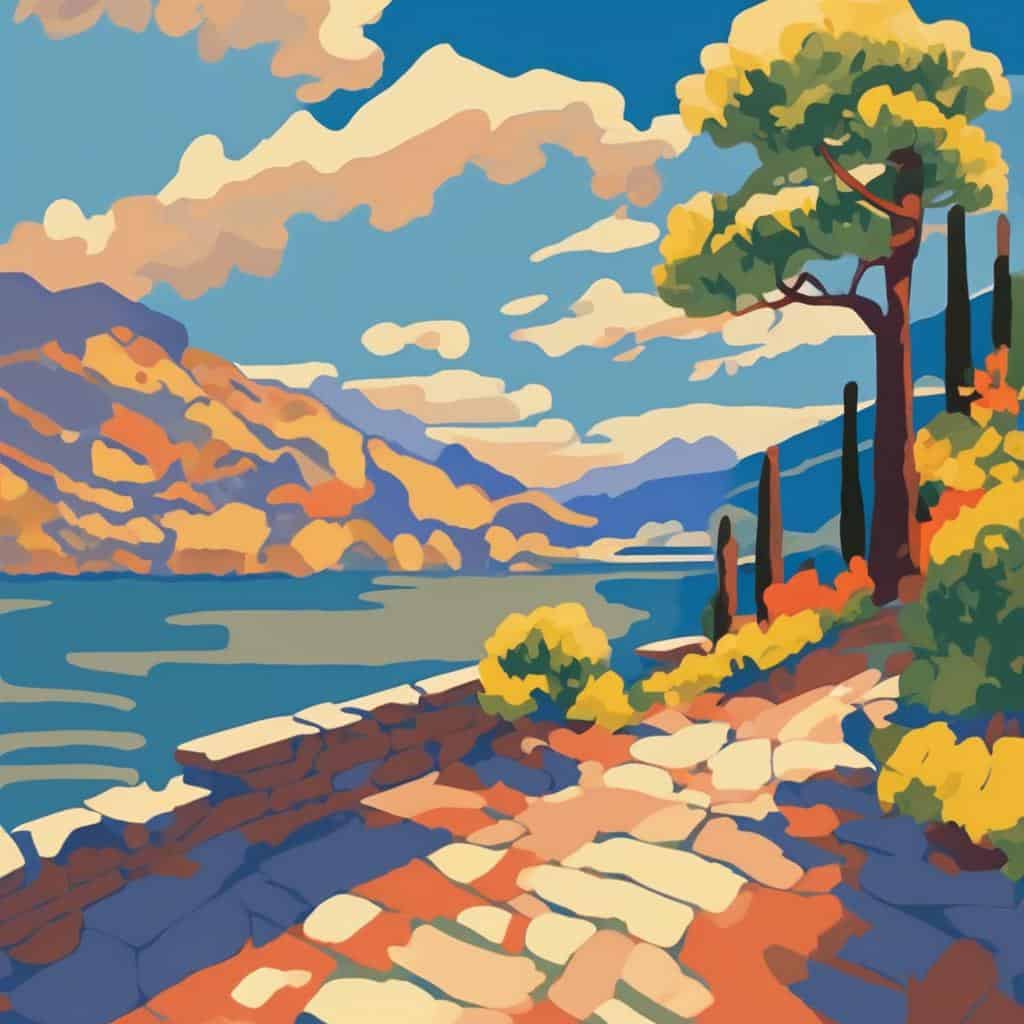 Γραφική εικόνα με πορτοκαλί και μπλε αποχρώσεις στην ακτή με δέντρα και σύννεφα.