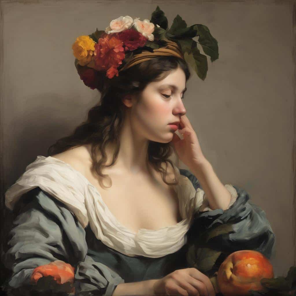 Όμορφη νεαρή γυναίκα με φλογέρα, πολύχρωμα λουλούδια στο κεφάλι, σε σεμνή σύνθεση τέχνης.