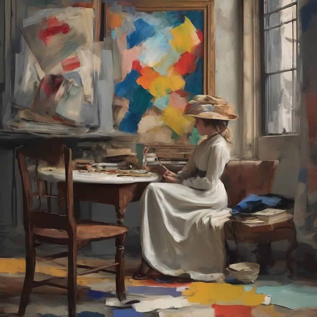 Παραγωγή και καλλιτεχνική έκφραση, γυναίκα ζωγράφος στο στούντιο απολαμβάνει την δημιουργία τέχνης.